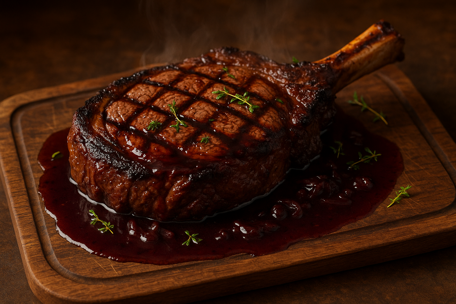 grilled 32 cowboy steak in red wine shallot sauce