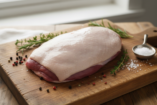 Raw duck breast not scored on cutting board